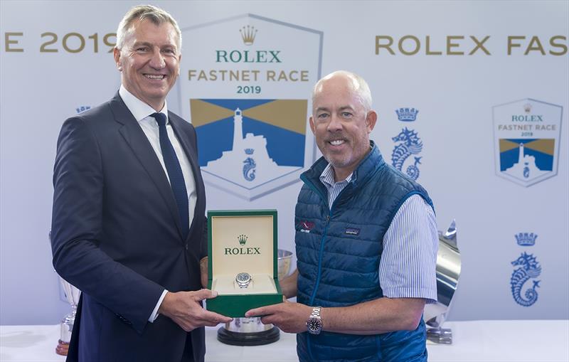Prizegiving Wizard, Sail no: USA70000, Class: IRC Zero, Owner: David and Peter Askew, Sailed by: Charlie Enright - Rolex Fastnet Race 2019 photo copyright Carlo Borlenghi taken at Royal Ocean Racing Club and featuring the IRC class
