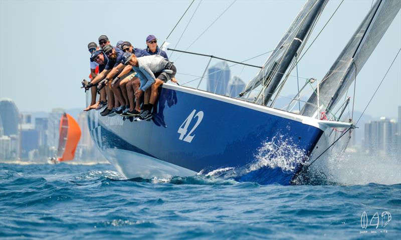 The guys on black diamond hiking hard for the camera - Bartercard Sail Paradise 2020 - Day 3 photo copyright Mitch Pearson / Surf Sail Kite taken at  and featuring the IRC class