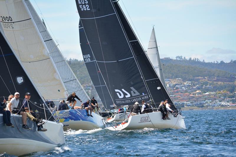 The Division One fleet hits the start line in Race 8 of the Combined Clubs Summer Pennant Series photo copyright Colleen Darcey taken at Derwent Sailing Squadron and featuring the IRC class