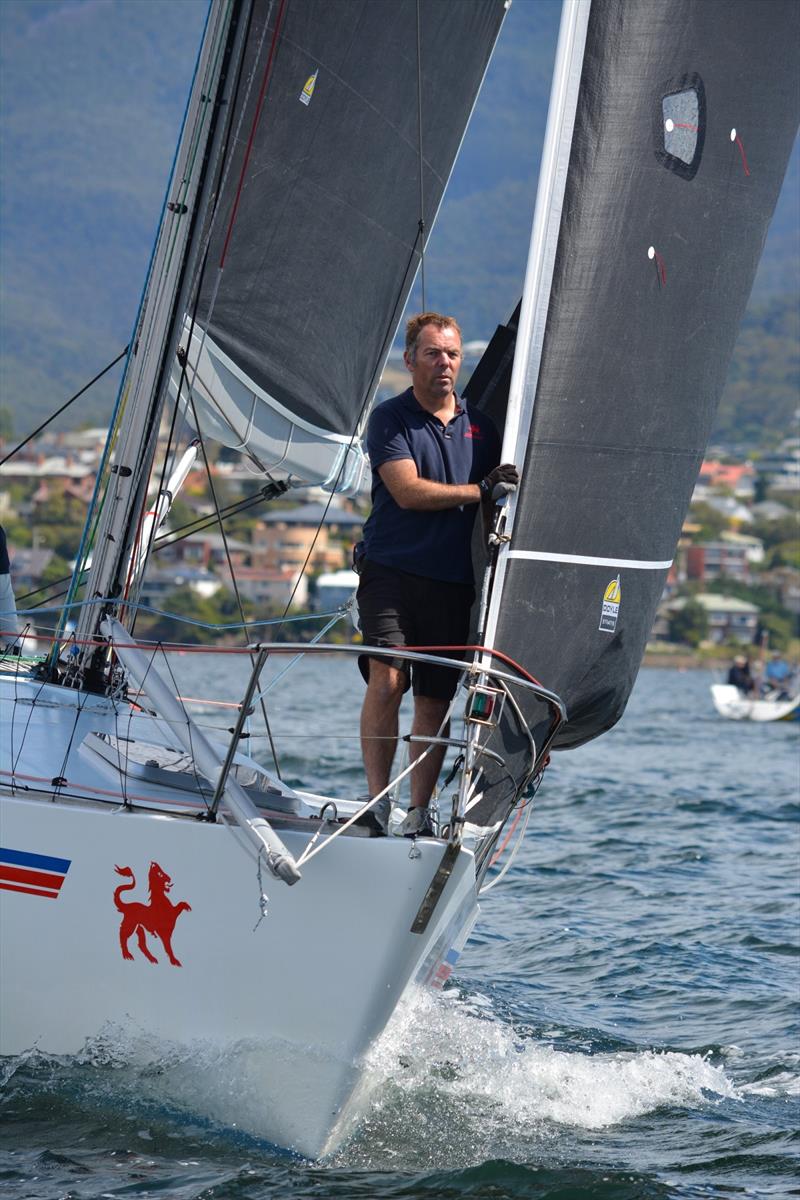 Ross Mannering on the bow of Don Calvert's Intrigue in Division One of the Combined Clubs Summer Pennant Series photo copyright Colleen Darcey taken at Derwent Sailing Squadron and featuring the IRC class