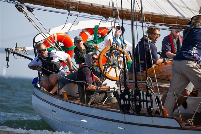 Racing the 50-foot schooner Brigadoon is a family affair, with Lindsey Klaus helming beside her father, Terry Klaus, seated on port side.  - photo © Sharon Green / Rolex