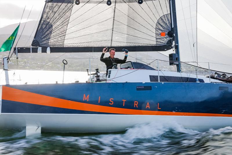 A jubilant Rupert Henry as Mistral crosses the line - photo © Salty Dingo