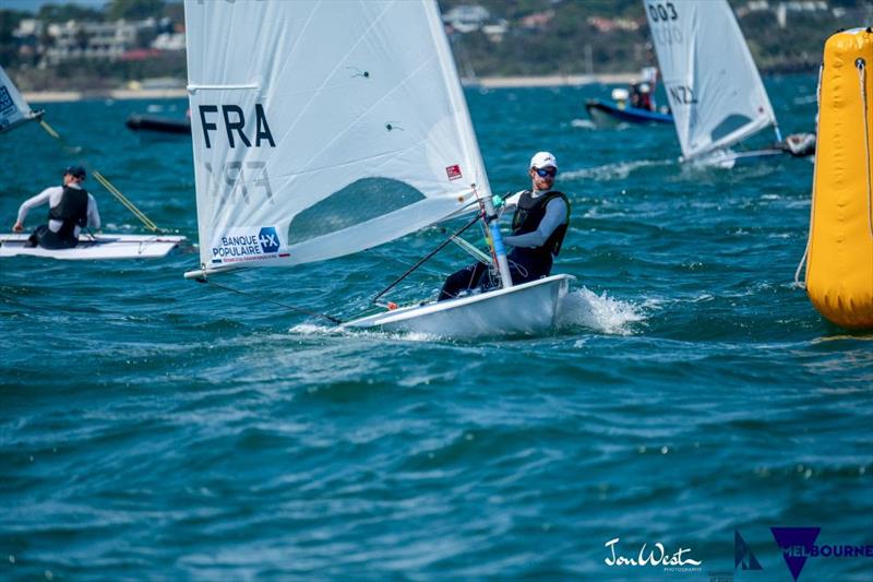 Jean-Baptiste Bernaz (FRA) leads the fleet during qualifying - Laser Standard World Championship photo copyright Jon West Photography taken at Sandringham Yacht Club and featuring the ILCA 7 class