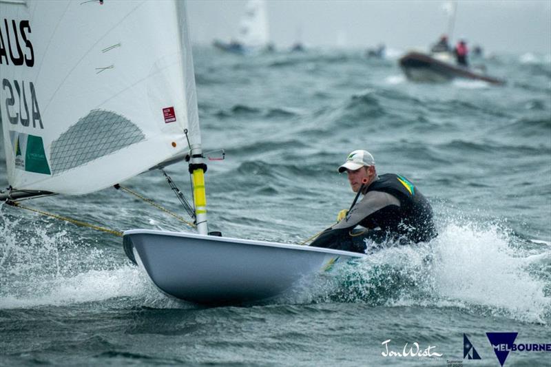 Matt Wearn (AUS) concentrates hard during today's stormy conditions - 2020 Laser World Championships photo copyright Jon West Photography taken at Sandringham Yacht Club and featuring the ILCA 7 class