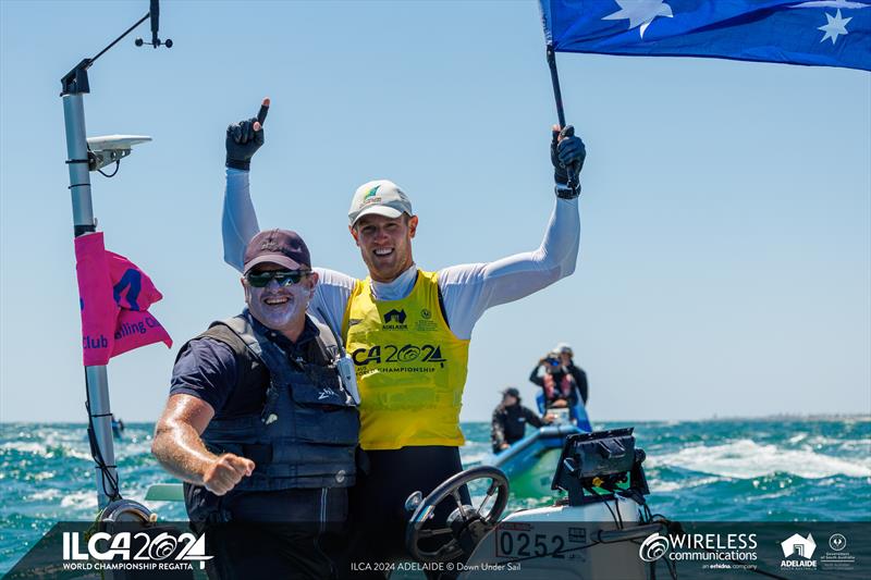 Coach Rafa Trujillo and Matt Wearn at the 2024 ILCA 7 Men World Championship photo copyright Jack Fletcher / Down Under Sail taken at Adelaide Sailing Club and featuring the ILCA 7 class