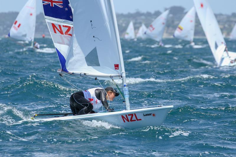 Olivia Christie (NZL) gybes at the leeward mark - 2016 AON Youth Worlds, Torbay sailing Club - photo © Richard Gladwell