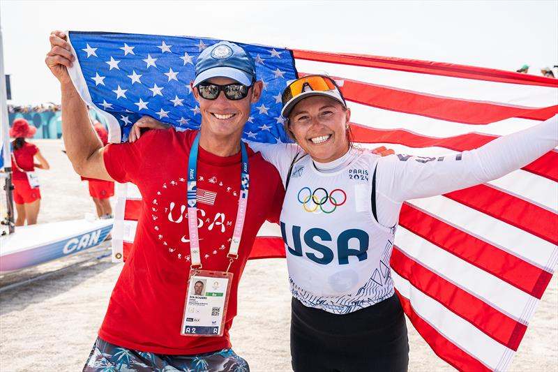 Erika Reineke (Ft. Lauderdale, FL), right, and her coach Erik Bowers celebrate after returning to shore following the Women's Dinghy medal race photo copyright Lexi Pline  / US Sailing Team taken at  and featuring the ILCA 6 class