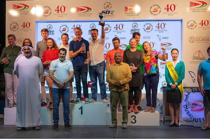 Winners podium - Dubai Duty Free SB20 Sailing Middle East Championships photo copyright DOSC taken at Dubai Offshore Sailing Club and featuring the SB20 class