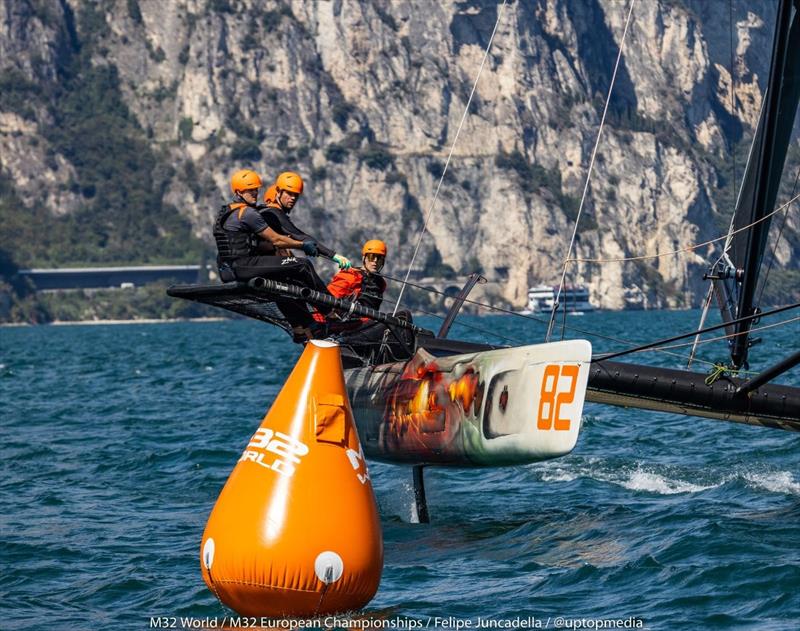 Leeloo with skipper Harold Vermeulen at Lake Garda - M32 European Championships 2022 photo copyright M32World / Felipe Juncadella taken at Fraglia Vela Riva and featuring the M32 class