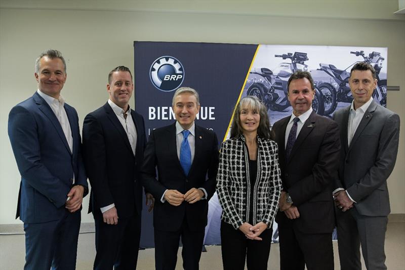 (Left to Right): Martin Langelier, Michael Long, François-Philippe Champagne, Marie-Louise Tardif, Michel Angers and Luc St-Pierre gather on January 16, 2023 to celebrate the official inauguration of BRP Megatech in Shawinigan, Quebec photo copyright BRP taken at  and featuring the Marine Industry class