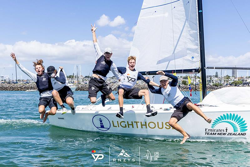 Josh Hyde and his “Waitemata Racing” team of Jack Manning, Zach Fong, Cody Coughlan and Luis Schneider celebrating their win - 2024 RNZYS Youth International Match Racing Cup photo copyright Suellen Hurling / Live Sail Die taken at Royal New Zealand Yacht Squadron and featuring the Match Racing class