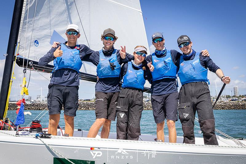 Second place Royal Prince Alfred Yacht Club's, Daniel Kemp and his crew of Louis Tilly, Lachlan Wallace, Charlie Verity, Isabella Holdworth - 2024 RNZYS Youth International Match Racing Cup photo copyright Suellen Hurling / Live Sail Die taken at Royal New Zealand Yacht Squadron and featuring the Match Racing class