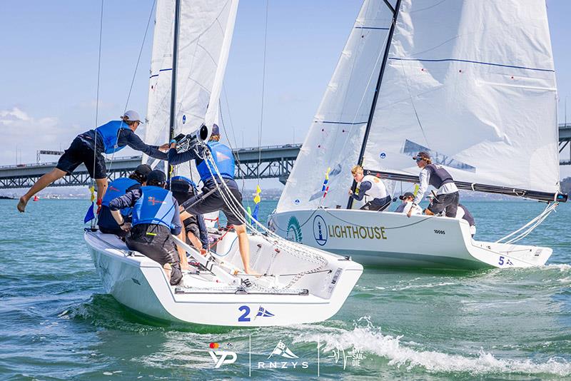 Josh Hyde and Daniel Kemps teams in pre-start for the deciding race - 2024 RNZYS Youth International Match Racing Cup photo copyright Suellen Hurling / Live Sail Die taken at Royal New Zealand Yacht Squadron and featuring the Match Racing class