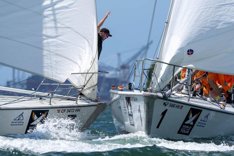 A close encounter pre-start on 59th Congressional Cup Day 1 photo copyright Ian Roman / WMRT taken at Long Beach Yacht Club and featuring the Match Racing class