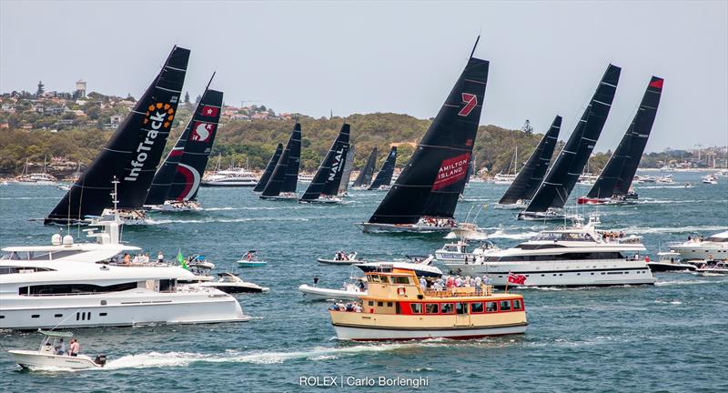 A sight that will never be seen again - five top supermaxis start together - start 2019 Rolex Sydney Hobart Yacht race - December 2019 photo copyright Carlo Borlenghi taken at Cruising Yacht Club of Australia and featuring the Maxi class
