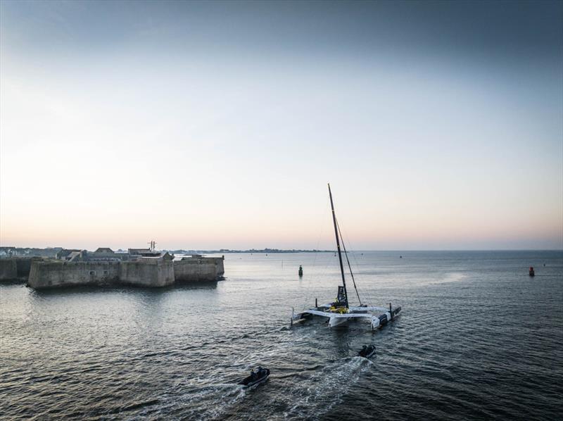 Maxi Edmund de Rothschild commences Jules Verne Trophy, Sunday Feb 12, 2023 from Ushant photo copyright Julien Champolion taken at  and featuring the Maxi class