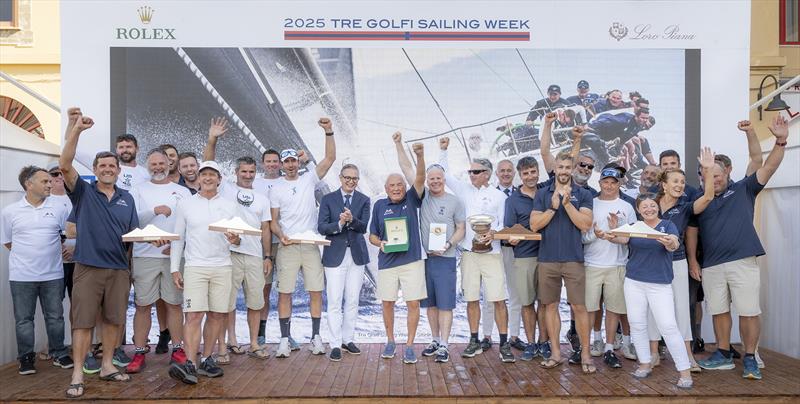 Hap Fauth, Terry Hutchinson and the winner Bella Mente crew at tonight's prizegiving in Sorrento - IMA Maxi European Championship 2025 photo copyright IMA / Studio Borlenghi  taken at Circolo del Remo e della Vela Italia and featuring the Maxi class