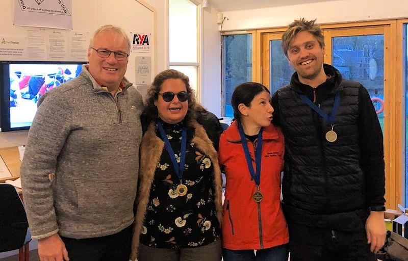 B1 Category winners Sharon Grennan, Sally Rodrigues and Jonny Stevenson at the Blind Sailing Keelboat League National Championships photo copyright RYA taken at South Cerney Sailing Club