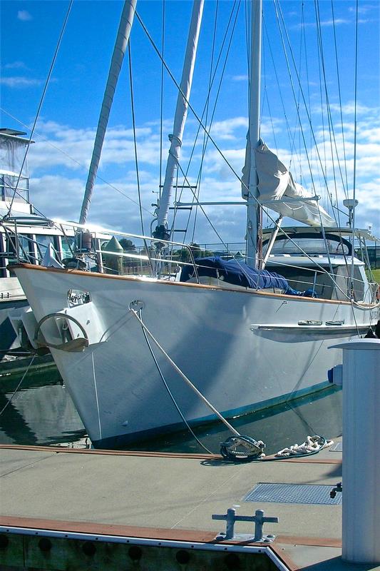 SV Silver Fern on her dock in Marsden Cove showing anchors and raised sheerline at bow photo copyright Martha Mason taken at 