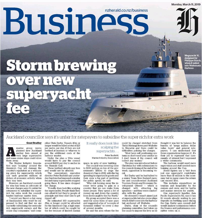 NZ Herald - march 11, 2019 on Superyacht anchoring fee - photo © NZ Herald