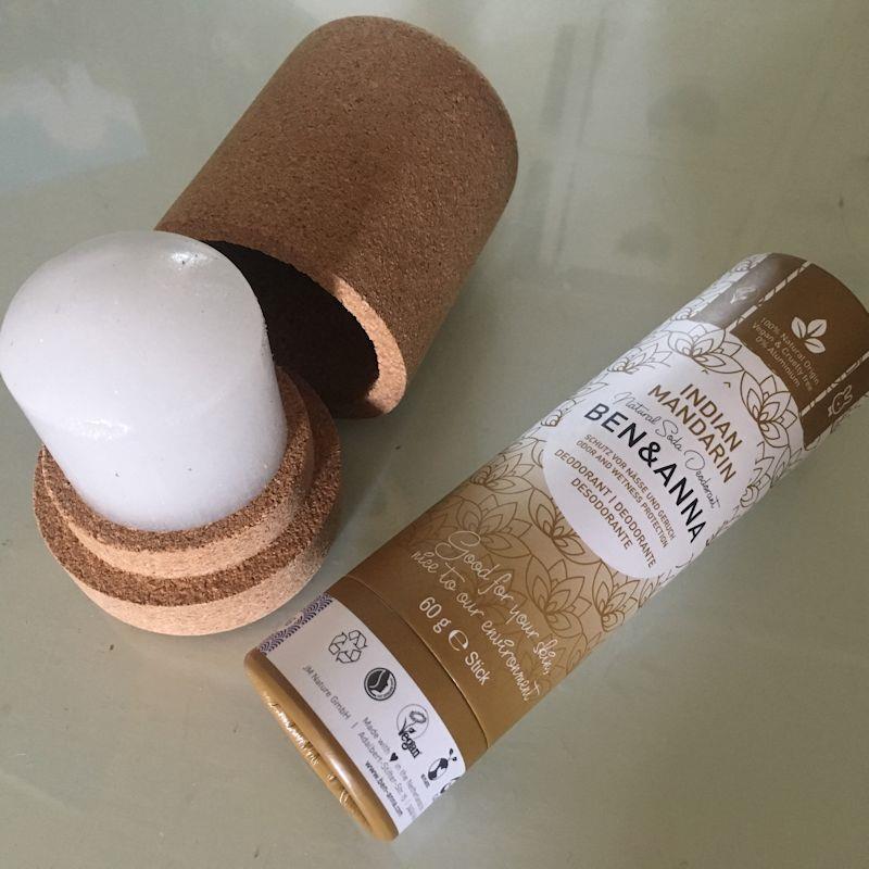 Two deodorant options: one in a cork container and one in cardboard (no plastic!) - photo © Gael Pawson