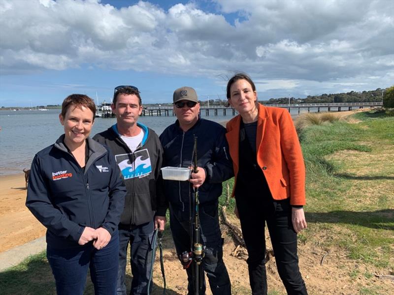(L to R) Minister for Fishing and Boating Jaala Pulford, Local Fishermen Justin & Paul,  and Jordan Crugnale State Member for Bass photo copyright Office of Jordan Crugnale MP taken at 