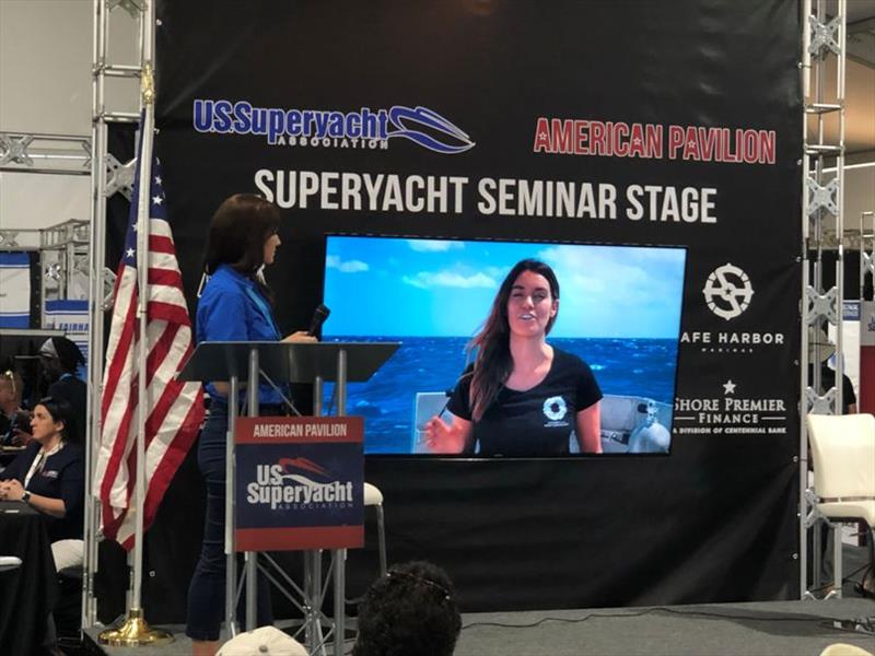 Joanne Drake, Manager of Superyacht Group Great Barrier Reef presenting at the USSA Pavilion photo copyright AIMEX taken at 