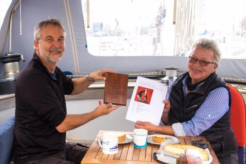Martin Schiller and Susanne Huber-Curphey with the OCC Seamanship Award aboard the yacht Infinity photo copyright Ocean Cruising Club taken at 