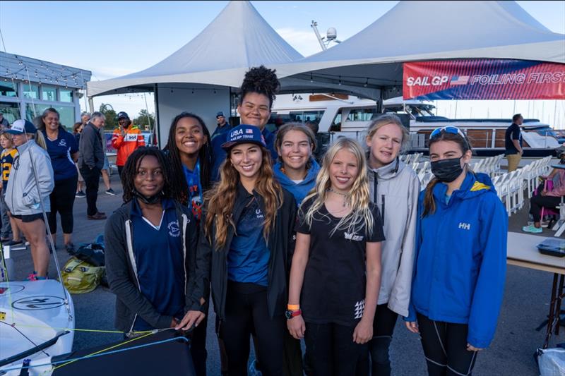 CJ Perez (center, USA SailGP Team hat) with Chicago's next generation of female foiling sailors. - photo © SailGP