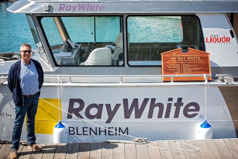 Stu McLean naming sponsor with boat  - launch of MV Ray White - October 2021 photo copyright Karmyn Ingram taken at Waikawa Boating Club