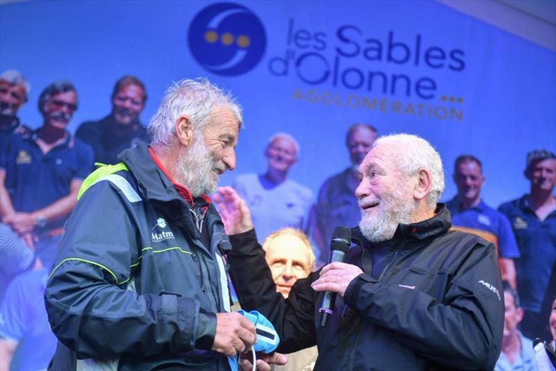 Two celebrated Cape Horners: Frenchman Jean-Luc Van Den Heede (left) being congratulated by Sir Robin Knox-Johnston after winning the 2018/19 Golden Globe Race. Both are members of IACH photo copyright Christophe Favreau / PPL / GGR taken at 