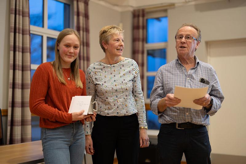 Solway Yacht Club annual Prize Giving: Tamsin Wallace, winner with her crew, Keiran Ganeri, of the Heather Dodds Sportsmanship Trophy having shown outstanding good sportsmanship during Cadet week, presented by Liz Train (centre) with Scott Train photo copyright Nicola McColm taken at Solway Yacht Club