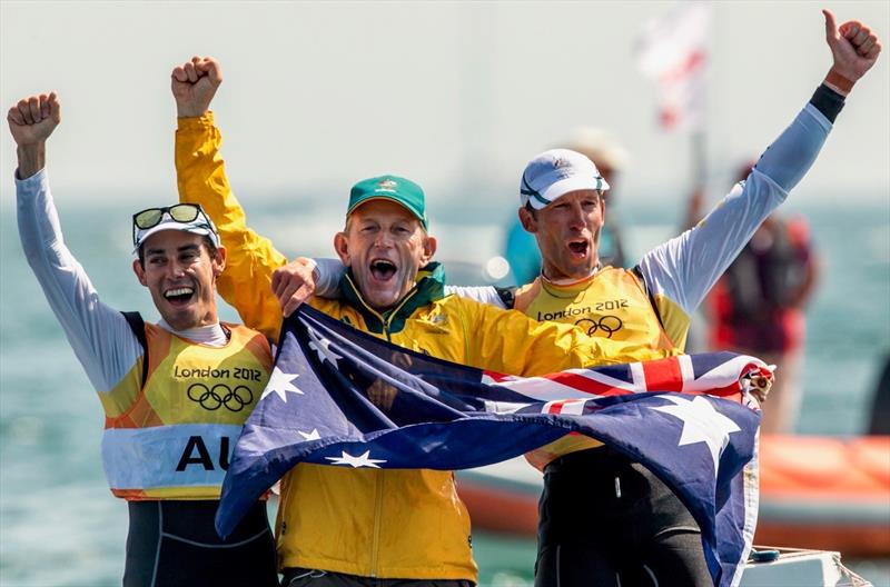 Mat Belcher OAM, Victor Kovalenko OAM and Malcolm Page OAM at the London 2012 Olympics - photo © Australian Sailing