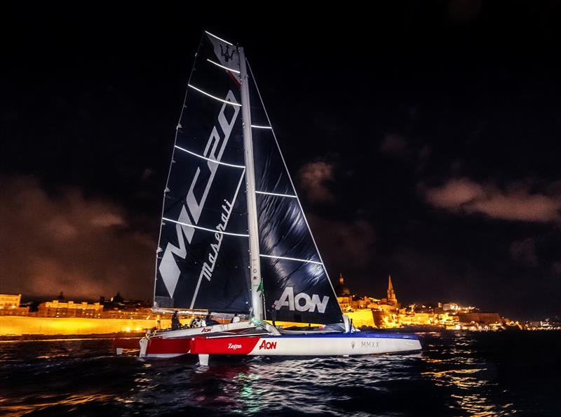 Line honours for Maserati in the 2020 Rolex Middle Sea Race photo copyright Rolex / Kurt Arrigo taken at Royal Malta Yacht Club and featuring the MOD70 class