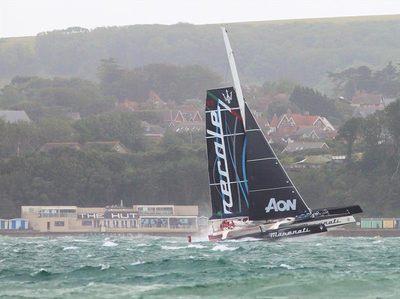 Maserati passes The Hut after the Rolex Fastnet Race start - photo © Mark Jardine