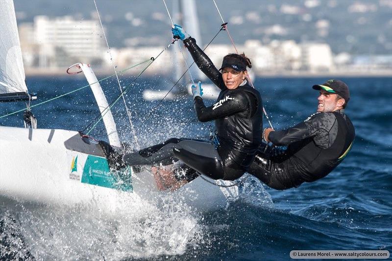 Racing on day 2 of the Nacra 17, 49er & 49erFX Worlds in Clearwater, Florida photo copyright Laurens Morel / www.saltycolours.com taken at Sail Life and featuring the Nacra 17 class