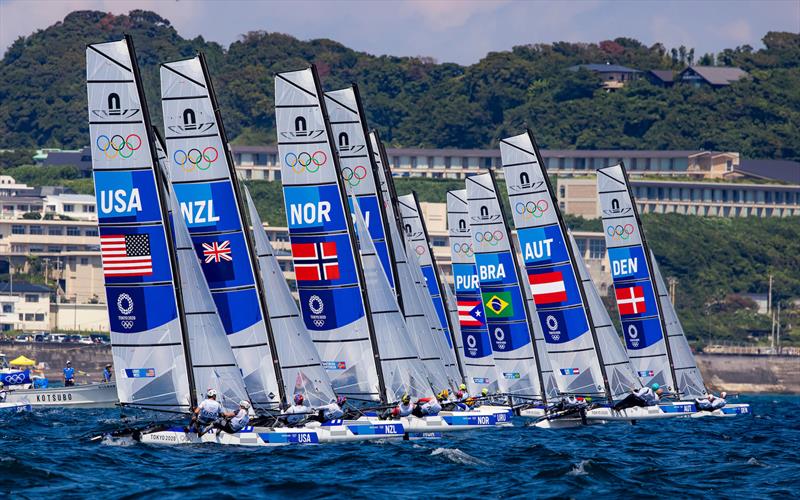 Nacra 17 start at the Tokyo 2020 Olympic Sailing Competition photo copyright Sailing Energy / World Sailing taken at  and featuring the Nacra 17 class