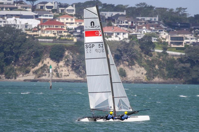 Singapore Nacra 17  training on the Waitemata Harbour ahead of the 2019 World Championships. The 49er, 49erFX and Nacra 17 World Championships get underway in four weeks. - photo © Richard Gladwell