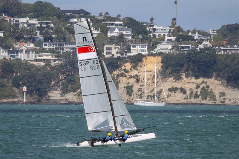 Singapore Nacra 17 training on the Waitemata Harbour ahead of the 2019 World Championships. The 49er, 49erFX and Nacra 17 World Championships get underway in four weeks photo copyright Richard Gladwell taken at Takapuna Boating Club and featuring the Nacra 17 class