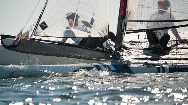 Riley Gibbs and Anna Weis (USA) on Day 3 at 2021 West Marine US Open Sailing – Miami photo copyright Allison Chenard taken at Miami Yacht Club and featuring the Nacra 17 class