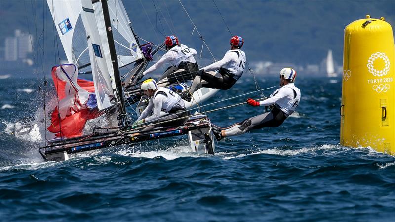 Leeward mark rounding - Nacra 17 - Tokyo2020 - Day 8- August 1, - Enoshima, Japan photo copyright Richard Gladwell / Sail-World.com / nz taken at  and featuring the Nacra 17 class