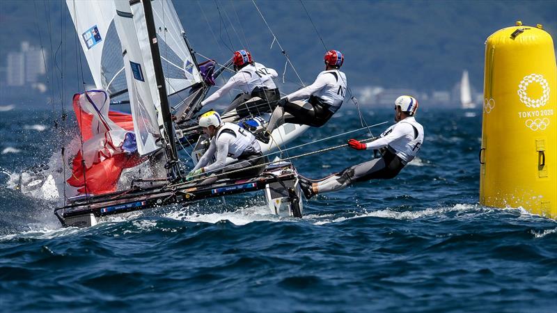 Leeward mark rounding - Nacra 17 - Tokyo2020 - Day 8- August 1, 2021 - Enoshima, Japan photo copyright Richard Gladwell - Sail-World.com/nz taken at  and featuring the Nacra 17 class