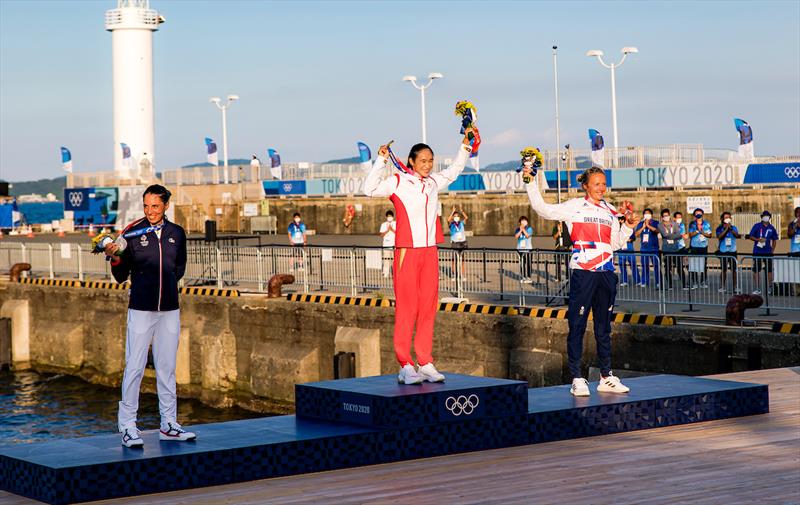 Yunxiu Lu (CHN) gold, Charline Picon (FRA) silver and Emma Wilson (GBR) bronze - Women's windsurfer podium at the Tokyo 2020 Olympic Sailing Competition photo copyright Sailing Energy / World Sailing taken at  and featuring the RS:X class