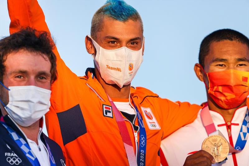 Kiran Badloe (NED), Thomas Goyard (FRA) and BI Kun (CHN) on the podium for men's windsurfing at the Tokyo 2020 Olympic Sailing Competition - photo © Sailing Energy / World Sailing