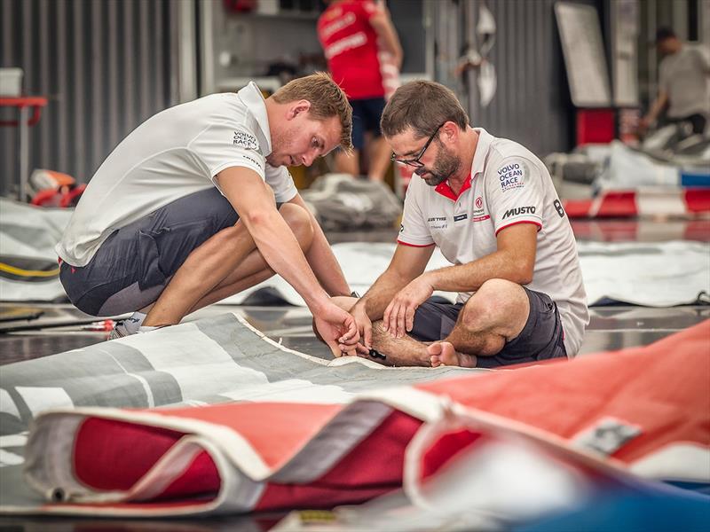 TheBoatYard team at work on sails during the Volvo Ocean Race photo copyright Ainhoa Sanchez / Volvo Ocean Race taken at  and featuring the  class