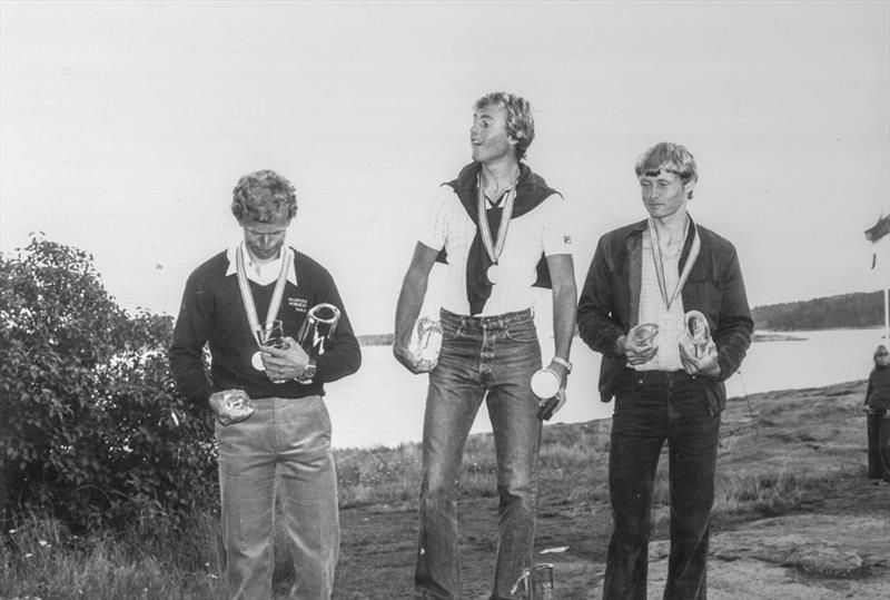 Rick Dodson on the podium after winning his first world championship in the OK dinghy in 1979 at Tonsberg, Norway - photo © Dodson Family archives