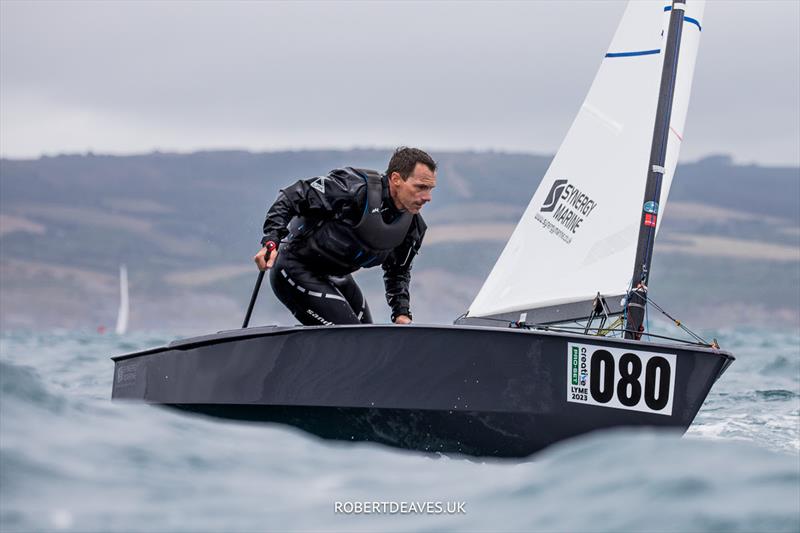 OK Dinghy Worlds Day 5 - Valerian Lebrun, FRA photo copyright Robert Deaves / www.robertdeaves.uk taken at Lyme Regis Sailing Club and featuring the OK class