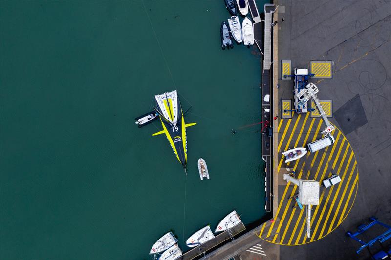 Apivia, the new IMOCA60 designed by Guillaume Verdier for Charlie Dahn (FRA) and aimed at the next Vendee Globe after her launching and fit-out at the former U-boat base in Lorient, France photo copyright Maxime Horlaville taken at  and featuring the IMOCA class