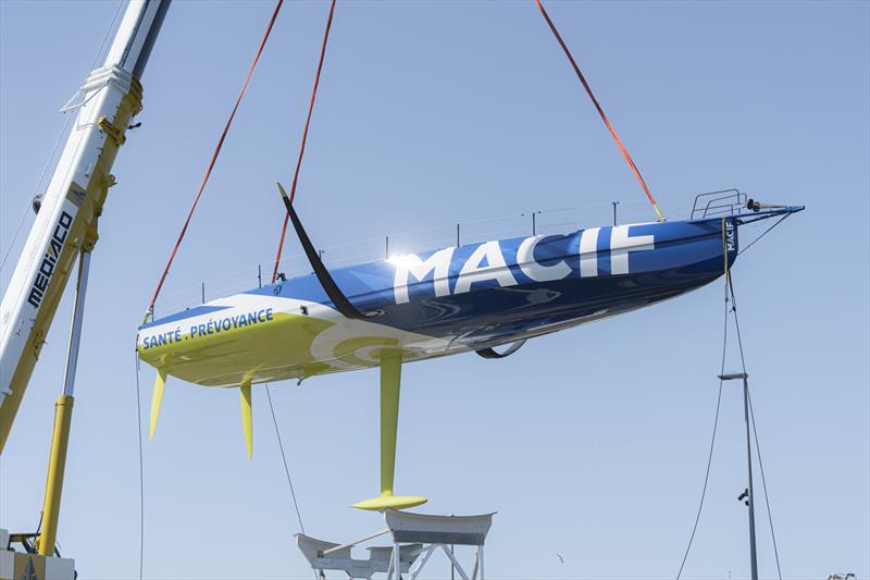 Charlie Dalin's new IMOCA MACIF Santé Prévoyance is launched in Concarneau, France photo copyright Maxime Horlaville / disobey / Macif taken at  and featuring the IMOCA class