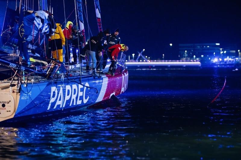 Pit stop for Paprec Arkéa after hitting a navigation buoy in the Transat Café L'or Le Havre Normandie 2025 - photo © Jean-Louis Carli / Alea